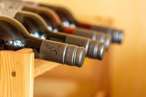 a row of wine bottles hanging from a rack at Haus Zum Rochusberg 2 in Bingen am Rhein