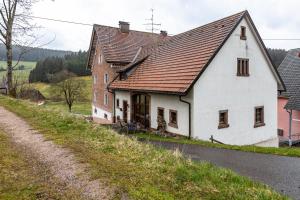 a white house with a brown roof on a hill at Altes Pfarrhaus in Vöhrenbach