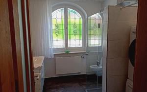 a bathroom with a toilet and a window at Villa Karlsbach in Teisendorf