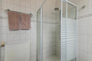 a shower with a glass door in a bathroom at Ferienwohnung Davio in Lohe-Rickelshof +18 photos