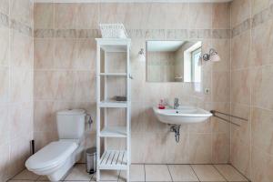 a bathroom with a toilet and a sink at Ferienhaus Sprante in Brunsbüttel +18 photos