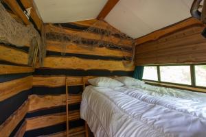 a bed in a room with wooden walls and windows at la pêcherie in Malbosc
