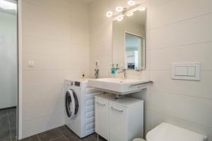 a white bathroom with a washing machine and a sink at Sunny Appartment in Bregenz +16 photos