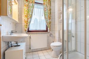 a bathroom with a toilet and a sink and a shower at Haus Seeblick in Putbus +28 photos