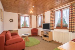 a living room with a couch and a tv at Ferienhof Wetzel Fewo 1 in Hergensweiler