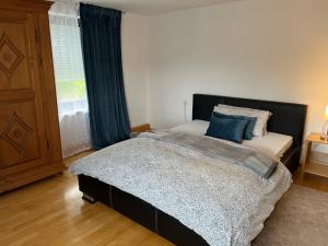 a bedroom with a bed with blue pillows on it at Wohnung mit Dachterasse in Absberg