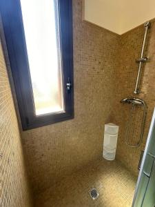 a bathroom with a shower with a toilet and a window at Da Katia in Arnesano