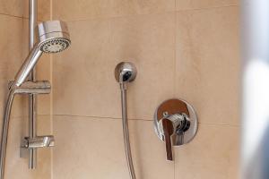 a shower with a shower head in a bathroom at Johannas Alm in Garmisch-Partenkirchen +19 photos