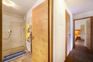 a bathroom with a walk in shower next to a door at Fichtenhof Wohnung Enzian in Tarces