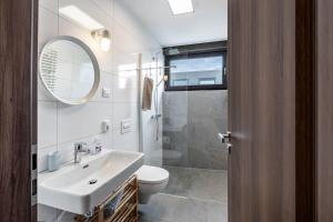 a bathroom with a sink and a toilet and a mirror at Ferienhaus Sonnenwind Hainer See Eg in Neukieritzsch +16 photos