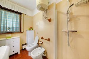a bathroom with a toilet and a shower and a sink at Monolocale Monti Pallidi in Domegge di Cadore