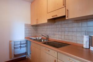 a kitchen with wooden cabinets and a sink at Apartment 6 - Zur Sonne in Laion