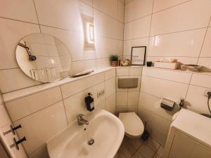 a bathroom with a sink and a toilet and a mirror at Ferienwohnung am Reißberg in Plauen +24 photos