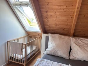 a attic bedroom with a bed and a skylight at Gut Bennewohld in Heide