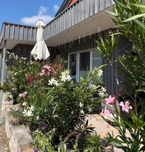a house with a bunch of flowers in front of it at Ferienwohnung Oleander in Dresden