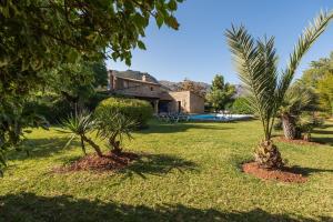 a yard with palm trees and a house at Cuixach villa in Pollensa with Wifi in Pollença