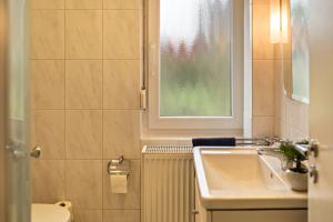 a bathroom with a sink and a window at Fewo-llojan in Wiesmoor +14 photos