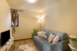 a living room with a blue couch and a tv at La Maison du Bonheur Lillaz in Cogne