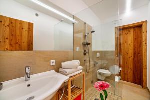 a bathroom with a sink and a shower and a toilet at Langstein Wohnung Rose in Coldrano +15 photos