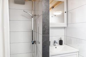a bathroom with a shower and a sink and a mirror at Feichtenhäusl app 2 in Westendorf +25 photos