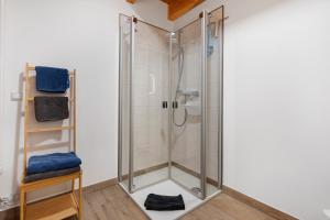a shower with a glass door in a bathroom at Ferienwohnung Junge 4 in Lohe-Rickelshof +32 photos