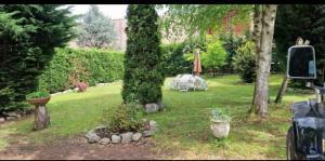 a garden with two trees and some plants in the grass at The Cottage by the lake 1 in San Maurizio dʼOpaglio