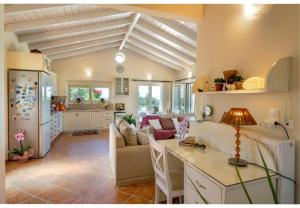 a kitchen and living room with a couch and a table at Villa Aloni in Lákka