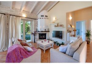 a living room with two couches and a fireplace at Villa Aloni in Lákka