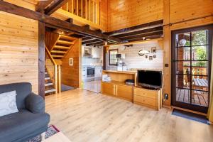 a living room with a couch and a television in a cabin at Sommerberg in Unterkirnach
