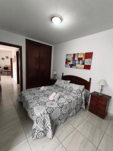 a bedroom with a bed with a black and white comforter at Apartamento el Carmen in El Cotillo