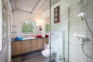 a bathroom with a toilet and a glass shower at Wohnung 1 Terrassenwohnung in Stockelsdorf +17 photos