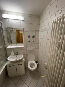 a bathroom with a toilet and a sink and a mirror at Appartment am Markt in Weimar
