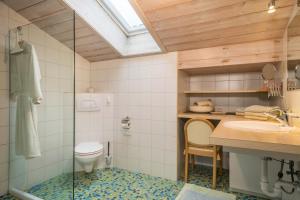 a bathroom with a toilet and a sink and a shower at Försterhaus Wohnung Dachgeschoss in Egg +12 photos