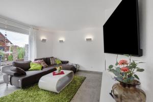 a living room with a couch and a flat screen tv at Ferienwohnung Schneider in Blaubeuren