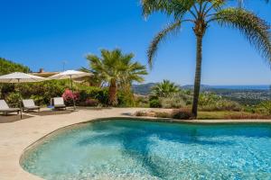 a swimming pool with a palm tree and chairs at Sa Muntanya panorama in Santa Eularia des Riu