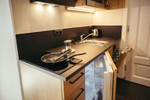 a kitchen with a sink and a frying pan on a stove at Freienfeldhof Gala in Lagundo +8 photos