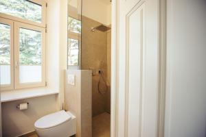 a bathroom with a toilet and a shower at Freienfeldhof Gala in Lagundo
