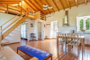 a kitchen and living room with a wooden ceiling at Zoe apartment in Marantochori +19 photos