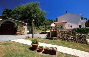 a house with a stone wall and some plants in a yard at Massa Vecchia in Massa Marittima