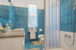 a blue tiled bathroom with a toilet and a shower at Il Noce - vicino Chiavari in Leivi +29 photos