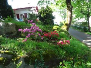 a garden with pink flowers on the side of a road at Villa Gastandeia in Cambo-les-Bains +7 photos
