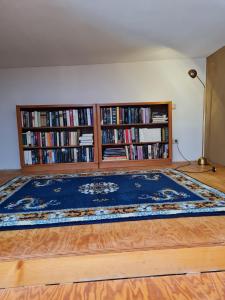 a bedroom with a large bed with two book shelves at bund Ferienwohnung in Lenzen