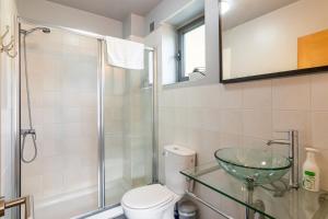 a bathroom with a glass sink and a toilet at La Riega Del Peral in Ojedo