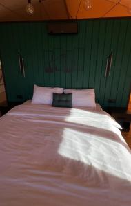 a bedroom with a large bed with a green wall at Hutsul Glamp Панорамний вид Джакузі Best Sunset in Mykulychyn