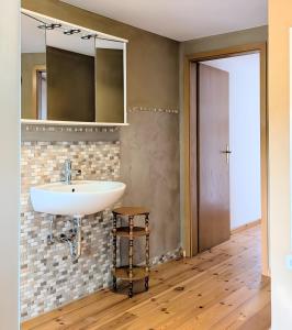 a bathroom with a sink and a mirror at Ferienwohnung Gartenblick in Fuhlendorf