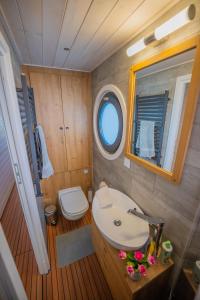 a small bathroom with a sink and a toilet at Magisches Abenteuer-Hausboot Juno in Fürstenberg +7 photos