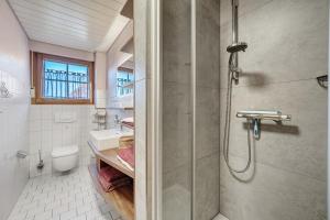 a bathroom with a shower and a toilet and a sink at Ferienwohnungen Müller in Haslach im Kinzigtal +47 photos