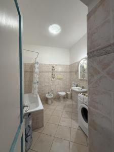 a bathroom with a toilet sink and a washing machine at Essenedda Holiday Home in Orosei +16 photos