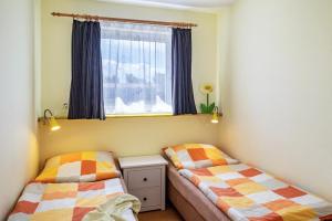 two beds in a small room with a window at Möve Aba Appartment 11 in Rerik