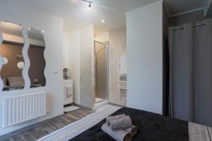a bathroom with a shower and a bed in a room at L'Annexe du Petit Echo de la mode in Plélo +70 photos